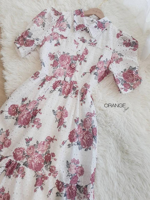 Orange Collar Floral Print Half Sleeves Mid-Length Dresses